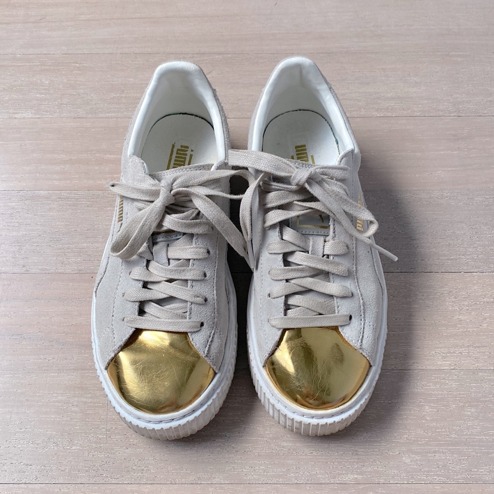 PUMA Off white Suede and Gold Toe Sneakers
